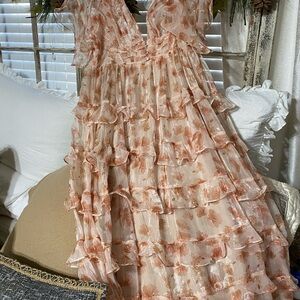 Petal & Pup Floral Ruffle Dress in Peach and Cream